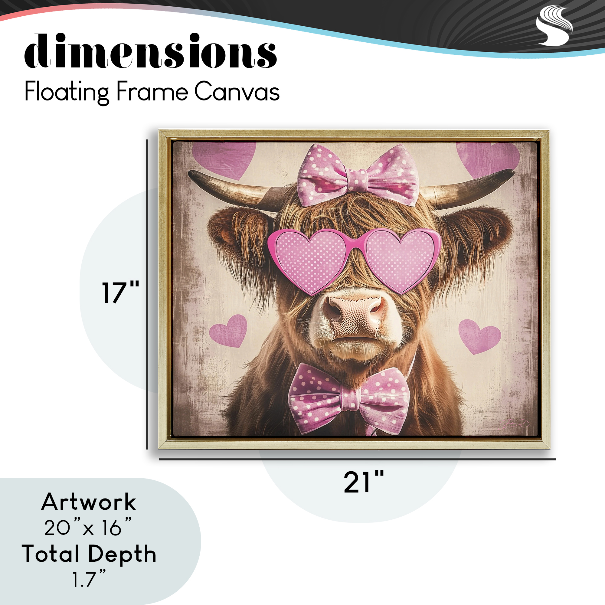 Cute Cattle Pink Hearts Gold Framed Floater Canvas Wall Art, design by Shawna Stewart