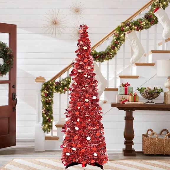 simeccom Christmas Tree Artificial Xmas Tree, 5 Ft Pop Up Tinsel Trees Collapsible Reusable Slim Tree Easy-Assembly for Home Christmas Decoration Red