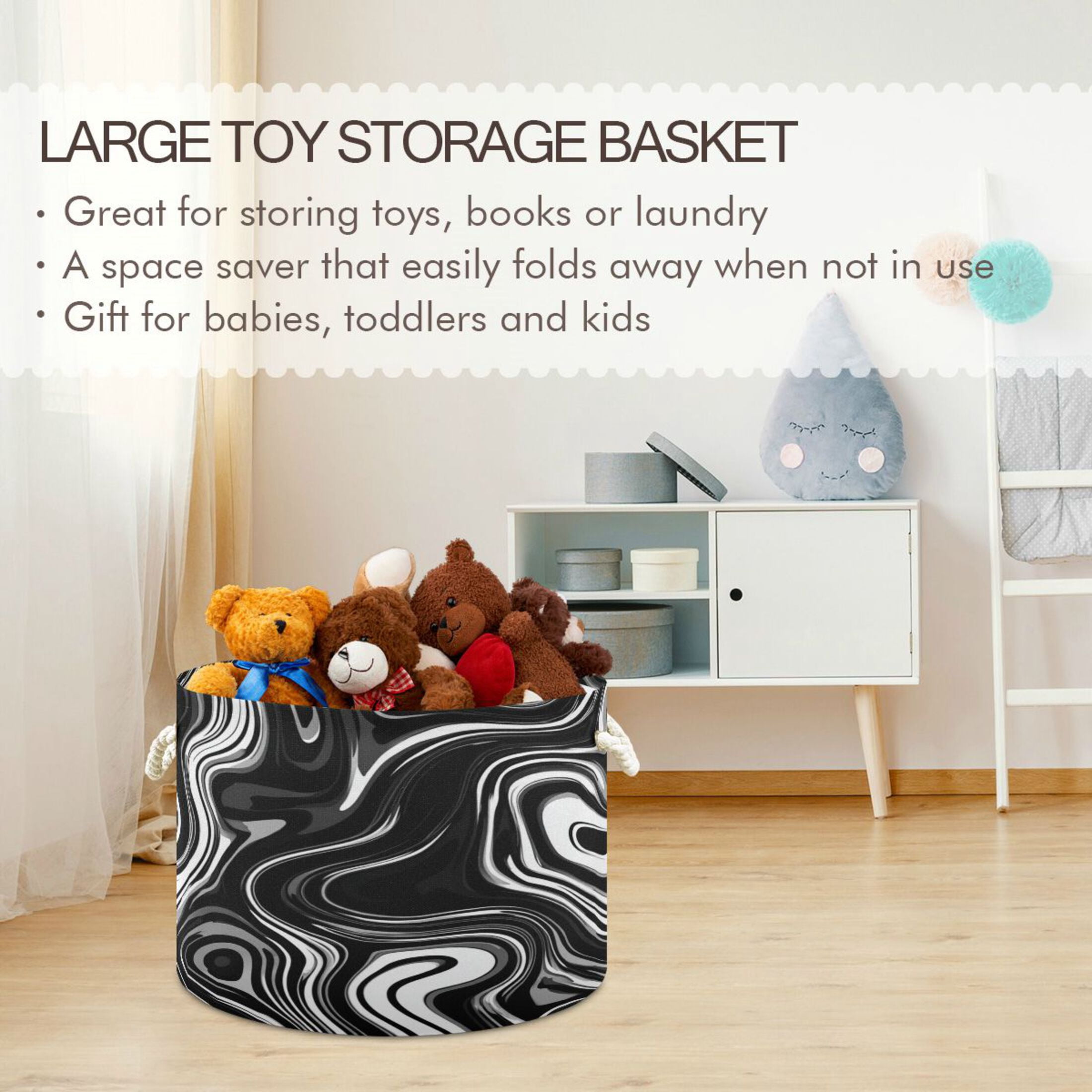 Round Toy Storage Basket Foldable Storage Basket for Home Decor Laundry Basket20" x 14" Matte Black Flowing Lines