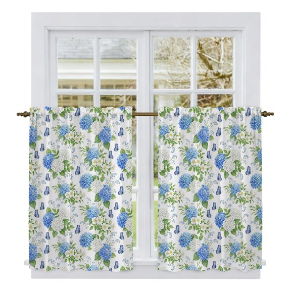 Blue White Hydrangea Tier Curtains 54 Inch Length, Country Flowers Pastoral Leaves Cafe Short Curtains for Bathroom Over Sink, Small Kitchen Curtain Light Filtering Tiered Drapes 2 Panels 27.5"Wx54"L