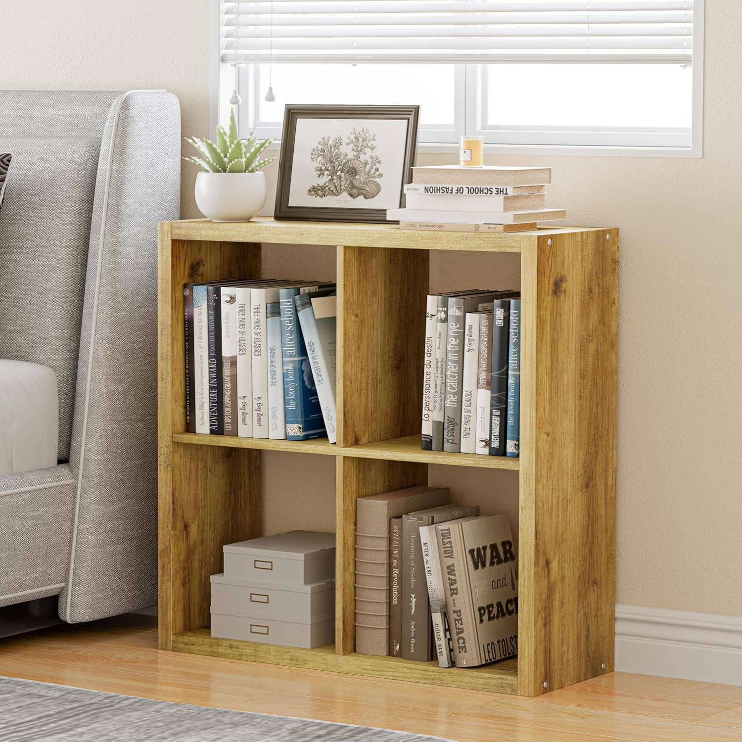 Anhdah 4 Cube Storage Organizer Bookshelf, Brown Wooden Bookcase Storage Shelf, Sturdy 4-Cube Organizer for Living Room, Bedroom, Home Office, Easy Assembly