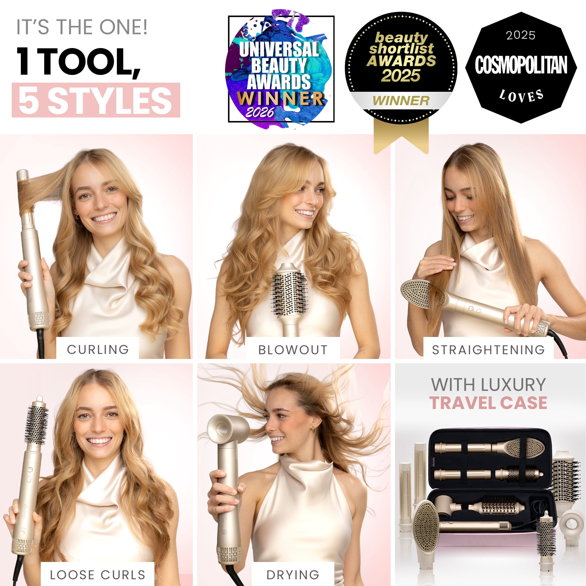 ELLA BELLA® 6 in 1 Professional Hot Air Styler • Powerful Hair Dryer & Straightener Set • Fast Drying Curling Volumizing Straightening Styling • Includes Protective Travel Case (Champagne)