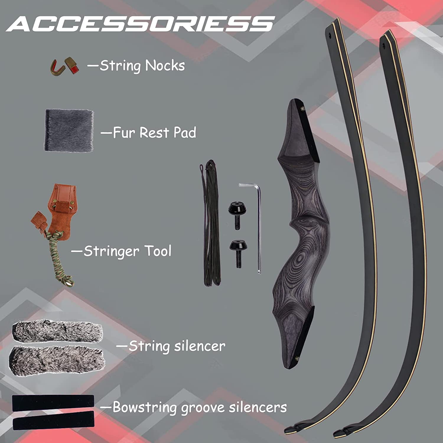 58" Takedown Wooden Riser Recurve Bow Bamboo Limbs Lightweight Right/Left Handed Hunting Target Shooting 25-65Lbs