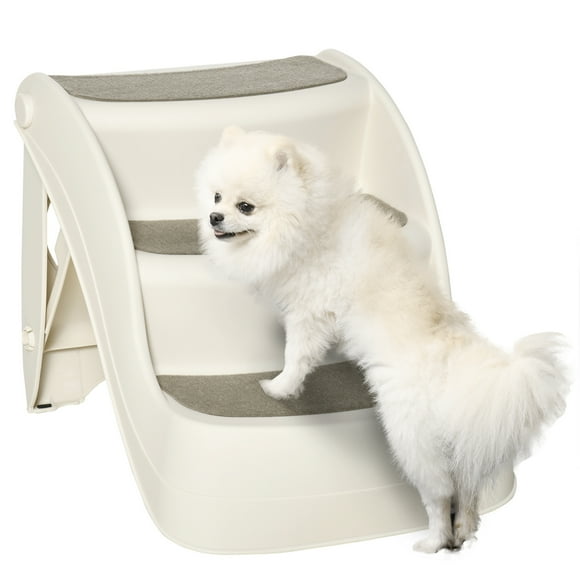 PawHut Foldable Pet Stairs 3-Step for Small Dogs w/ Non-slip Treads, Cream