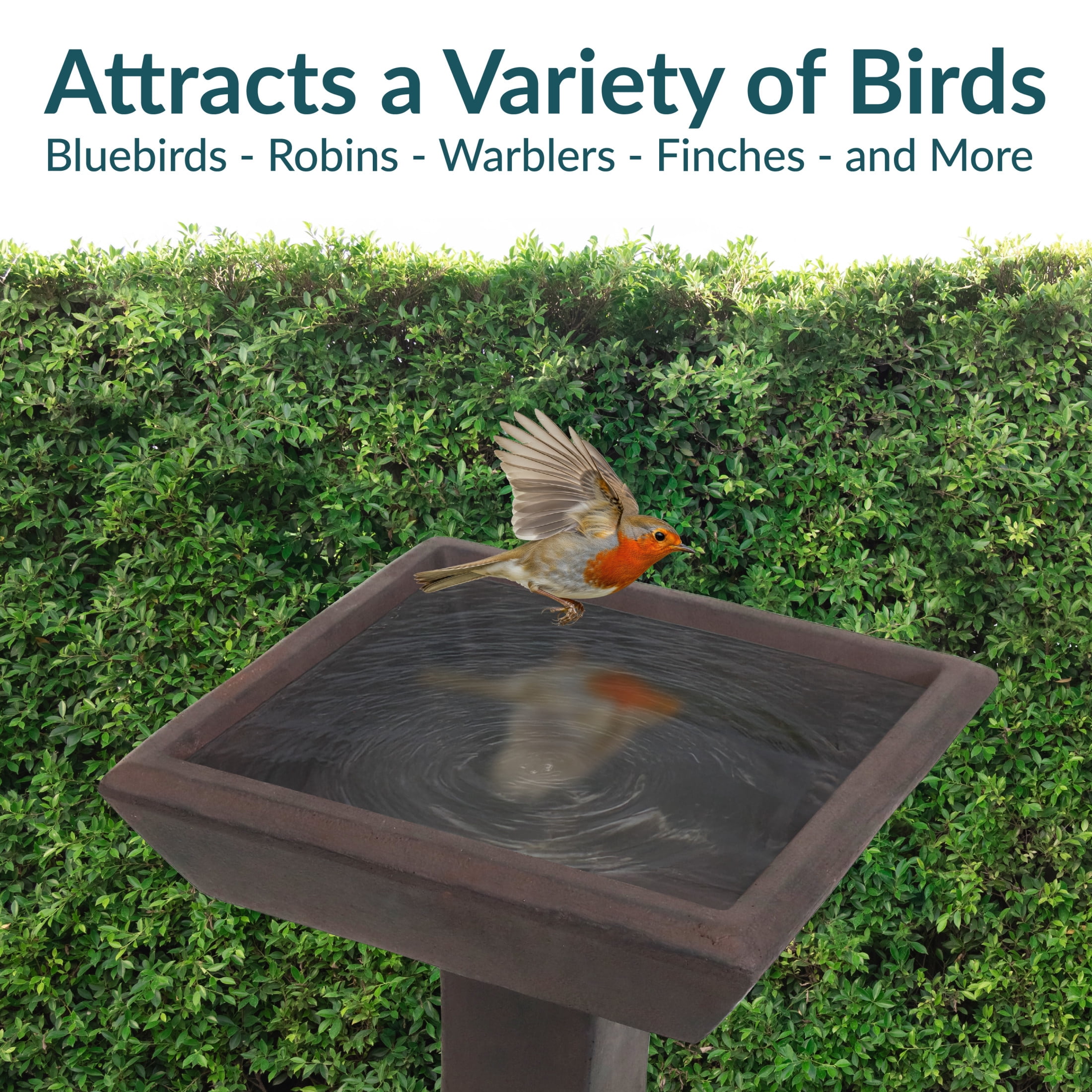 Sunnydaze Simply Square Freestanding Glass Fiber Reinforced Concrete Outdoor Bird Bath, Brown