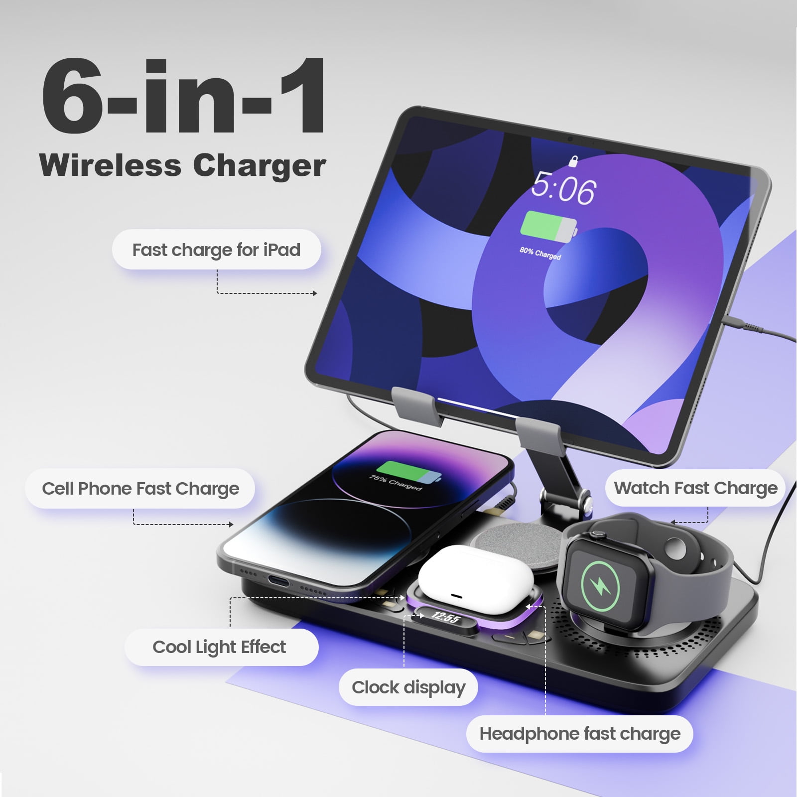 6 in 1 Wireless Charger for iPhone Airpods iWatch, Foldable Magnetic Charging Station for Apple Multiple Devices,Travel Charging Pad Dock Compatible with Apple 12 and above series