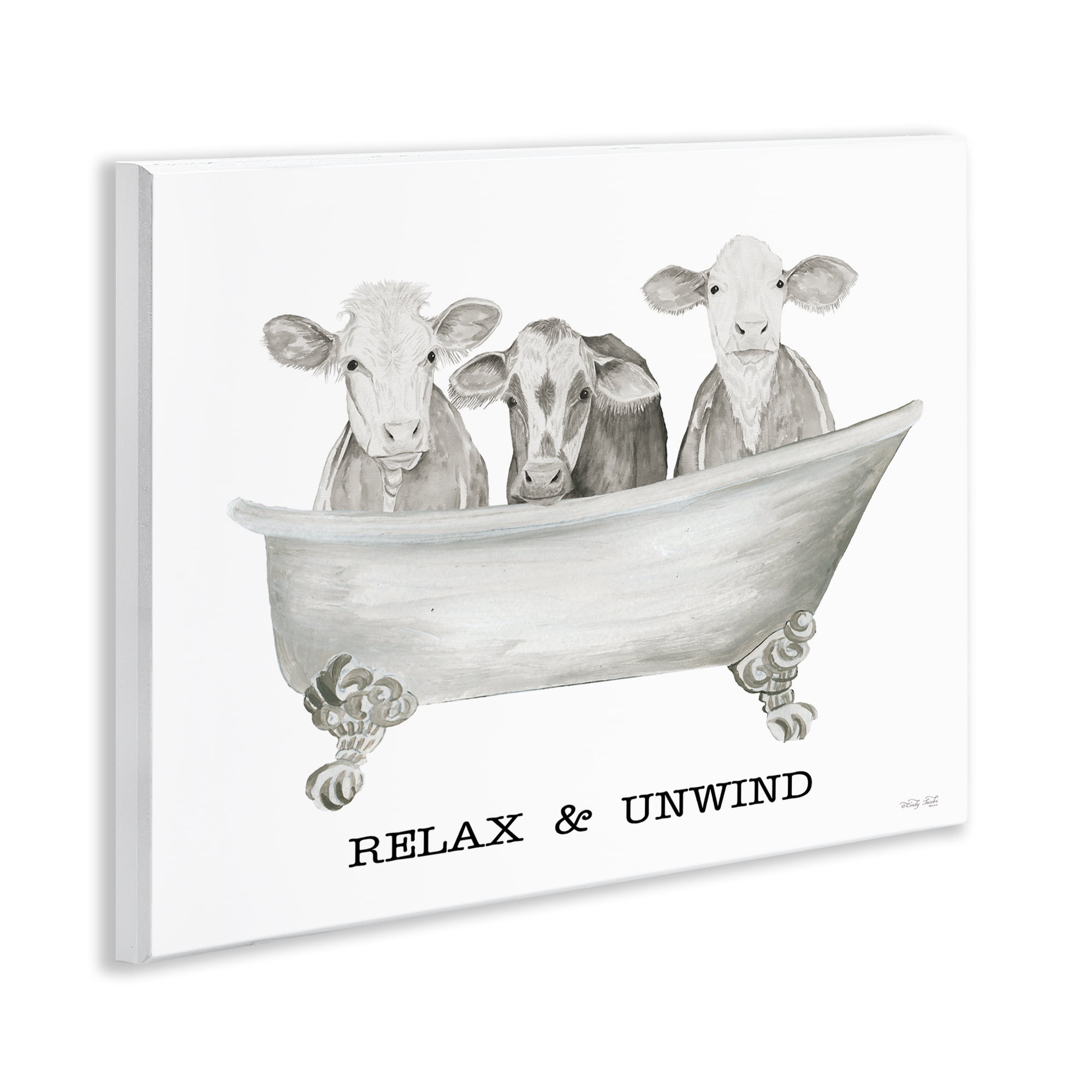 Stupell Industries Relax Unwind Cow Tub Bath & Laundry Painting Unframed Art Print Wall Art, 14 x 11
