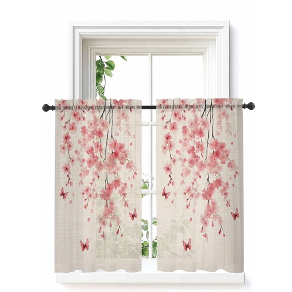 Pink Floral Blossom Curtains 54 Inch Length, Sheer Curtains for Bedroom Living Room Window Spring Pastoral Botanical Vintage Rod Pocket Drapes Kitchen Curtains Small Half Window 42"x54" 2 Panels