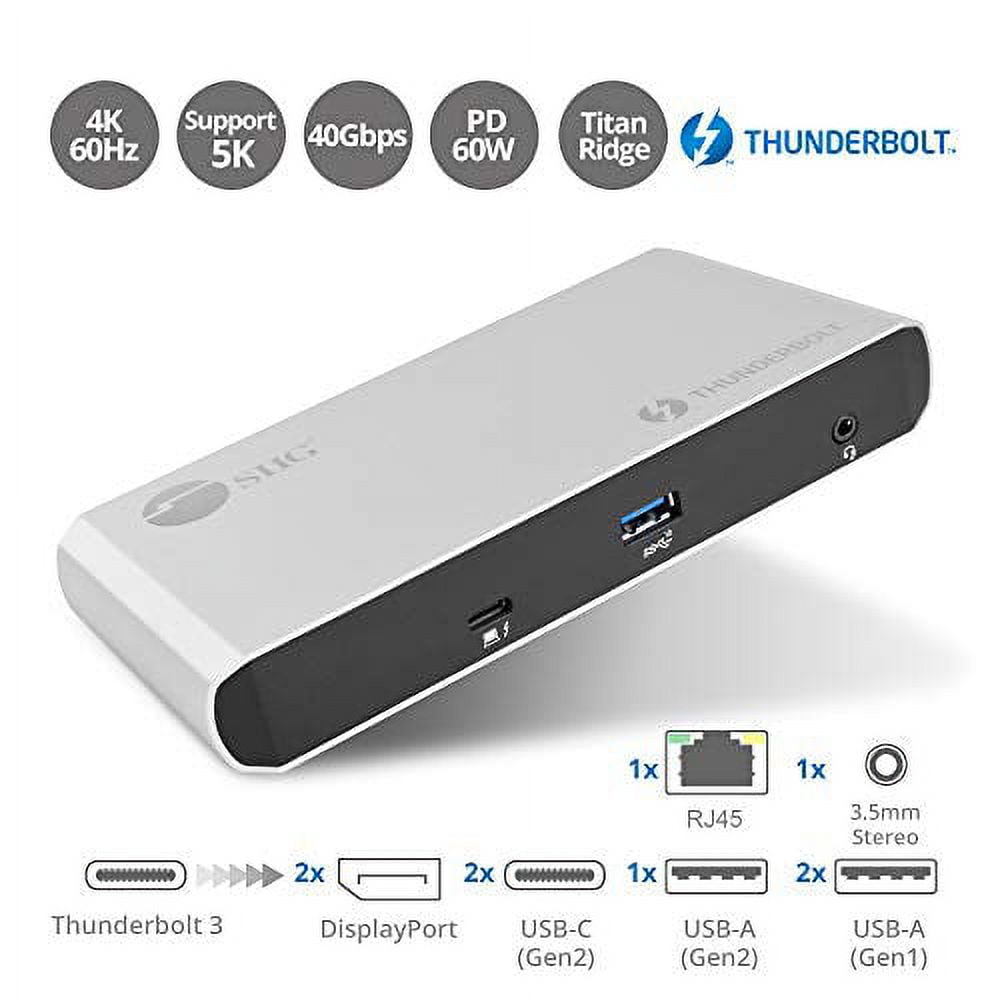 SIIG Thunderbolt 3 or USB C Dual 4K Display Docking Station with 60W Laptop Charging - Titan Ridge (1x USB 3.0, 2X USB 3.1, 2X DP 1.2, 2X USB-C, Ethernet) for Windows PC & MacBook Pro JU-DK0C11-S1