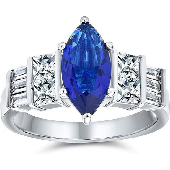 beryl_creation 1.12 Ct Marquise Cut Blue Sapphire Wedding Engagement Halo Ring 14K White Gold Finish 925 Sterling Silver For Women's -7.5