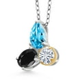 thumbnail image 2 of 925 Silver and 10K Yellow Gold Swiss Blue Topaz and Black Sapphire and Moissanite 3 Stone Pendant Necklace for Women | 2.92 Cttw | Pear Shape 8X6MM | Oval 7X5MM | Round 5MM | with 18 inch Chain, 2 of 3