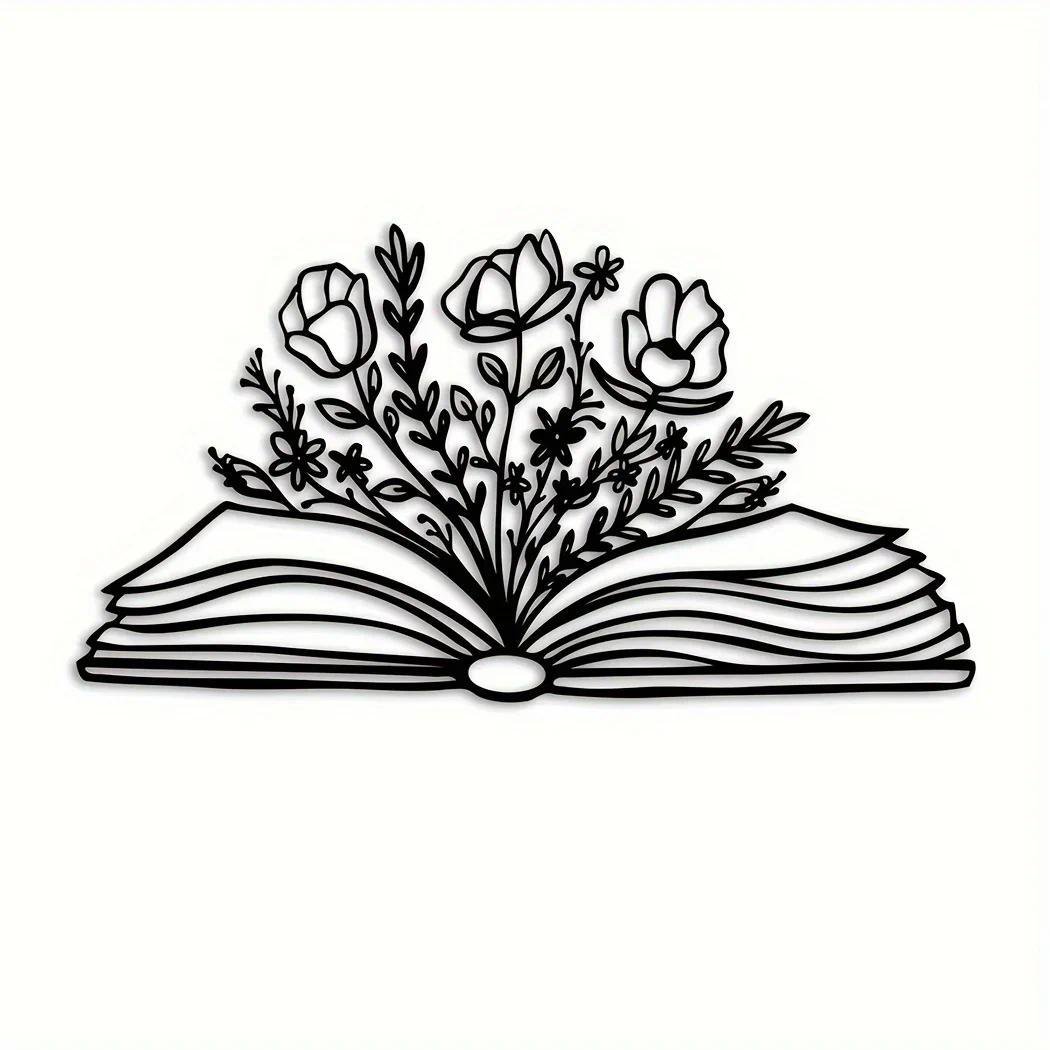HELLOYOUNG Metal Floral Book Sign Art Rustic Iron Home Decor Statue Vintage Bookshelf Ornament Creative Desk Accent for Living Room Farmhouse Wall Hanging Silhouette Gift Idea