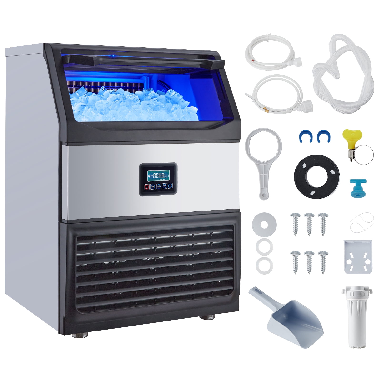 High Capacity Commercial Ice Maker Machine – 265lbs/24H Output, 55lbs Storage – Stainless Steel, Quiet, Energy Efficient, Freestanding Undercounter, LED Display – Silver Black