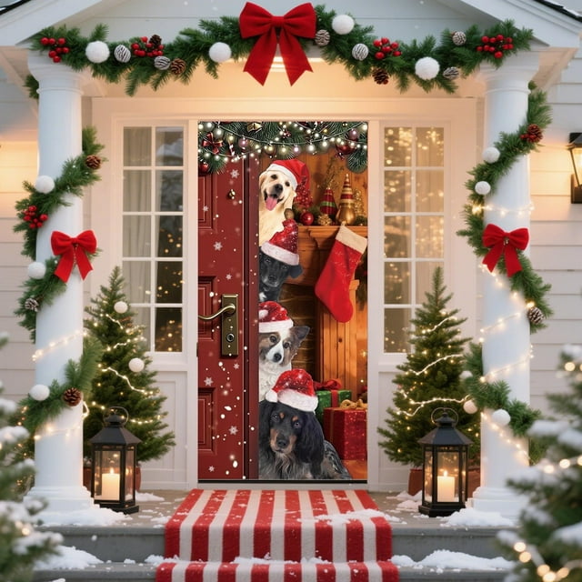 Housse de Porte de Noël 35x71 Po / Tissu Polyester Spandex Multicolore / Rideau de Porte de Fête / Installation Facile / Décoration Murale Durable de Noël / Utilisation Intérieure Extérieure / Décoration de Fête