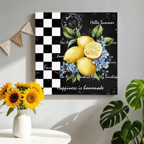 Canvas Wall Art Summer Lemon Canvas Art Print Farm Fruit Floral Leaf Black White Plaid Retro Pictures Wall Decor for Living Room Bedroom Artwork Decorations Stretched Framed Ready to Hang 16"x16"