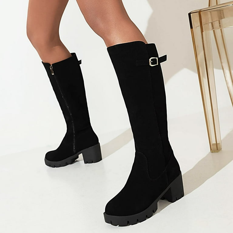 Womens Knee High Boots Chunky Heel Slip On Shoes Flat Shoes Rain Boots Thigh High Black Boots Casual Shoes Arc