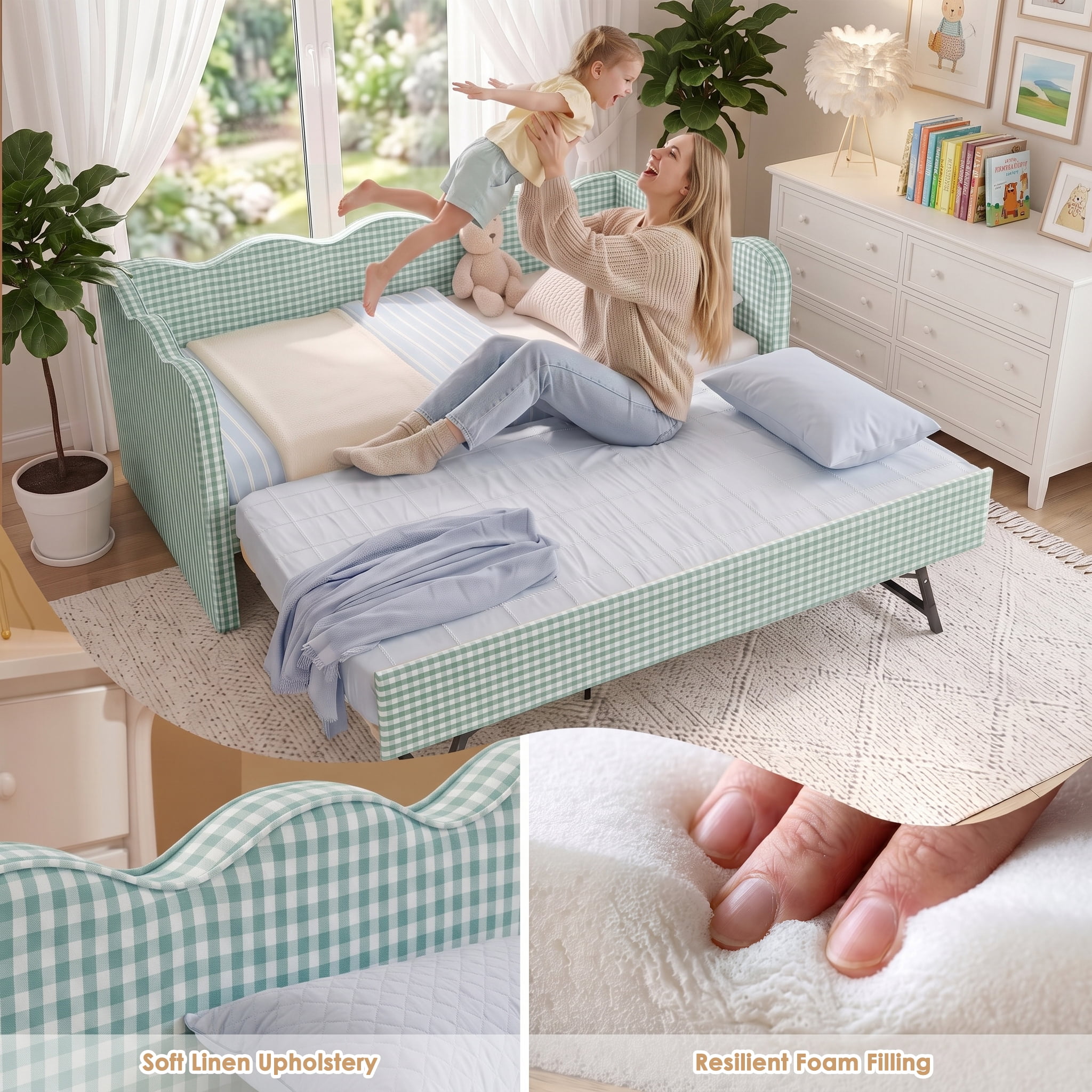 avobird Cozy Gingham Daybed with Trundle Queen Size Sofa Bed for Living Room, Sleeper Sofa with USB Port and Adorable Wave Shaped, Linen Fabric, Cyan