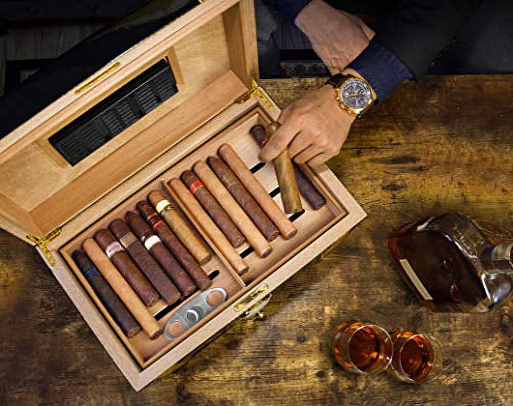 69Bourbons Cigars Humidor- Humidor Cigar Box for 150 Cigars- Cigar Box Gift for Smokers - Travel Humidor in Spanish Cedar Wood Interior, Accessory Drawer and Exterior Hygrometer for Cigar Humidor