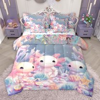 Homewish Cute Cartoon Axolotl 7pcs Bedding Comforter Set,Watercolor Coral Starfish Queen Bedding Sets,Pink Blue Queen Sheet Sets For Girls,Ultra Soft Home Decor Reversible