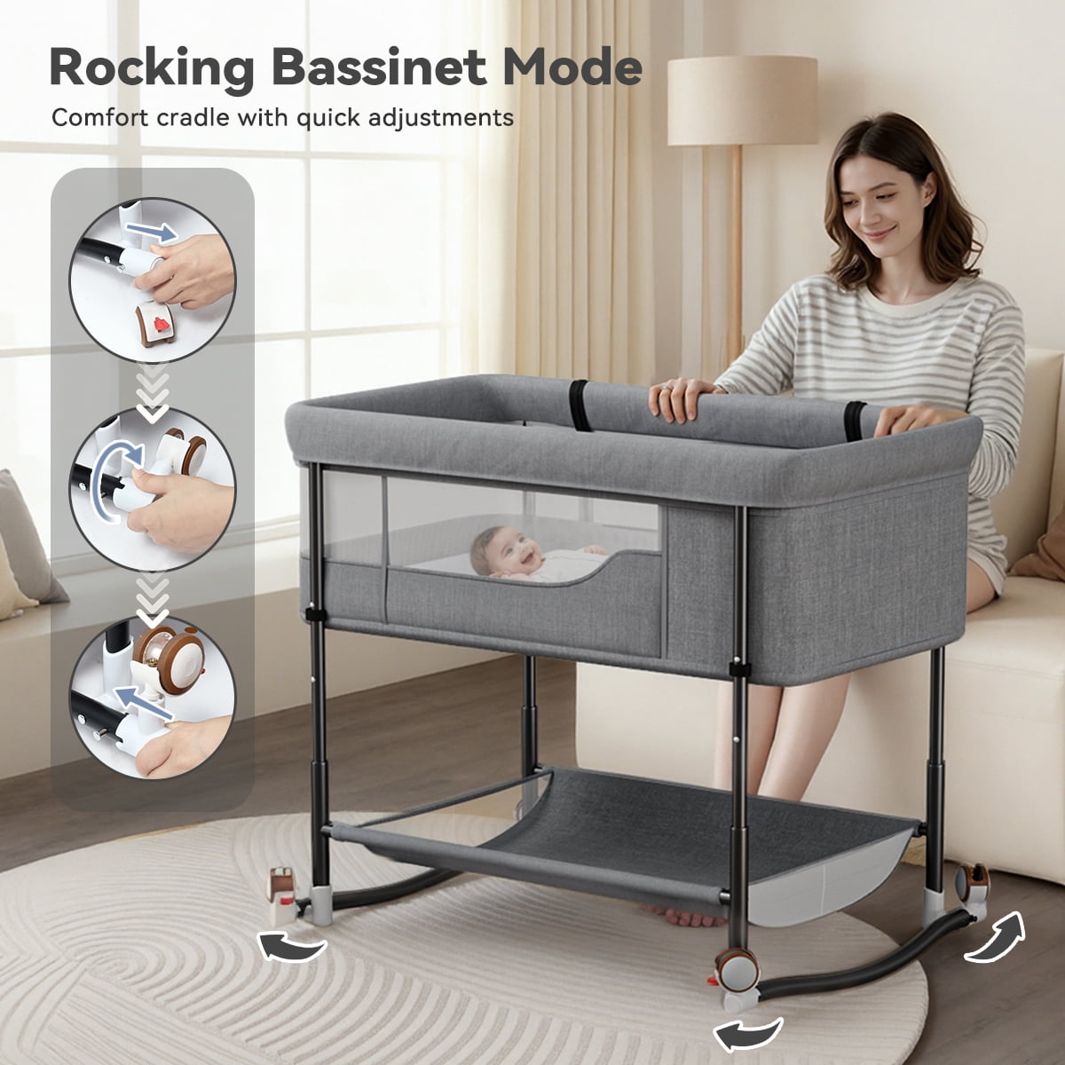 Baby Bassinet, Caveen 4 in 1 Adjustable Infant Bedside Crib Beds with Changing Table, Storage Basket, Wheel, Mosquito Net, for 0-24 Months, Gray
