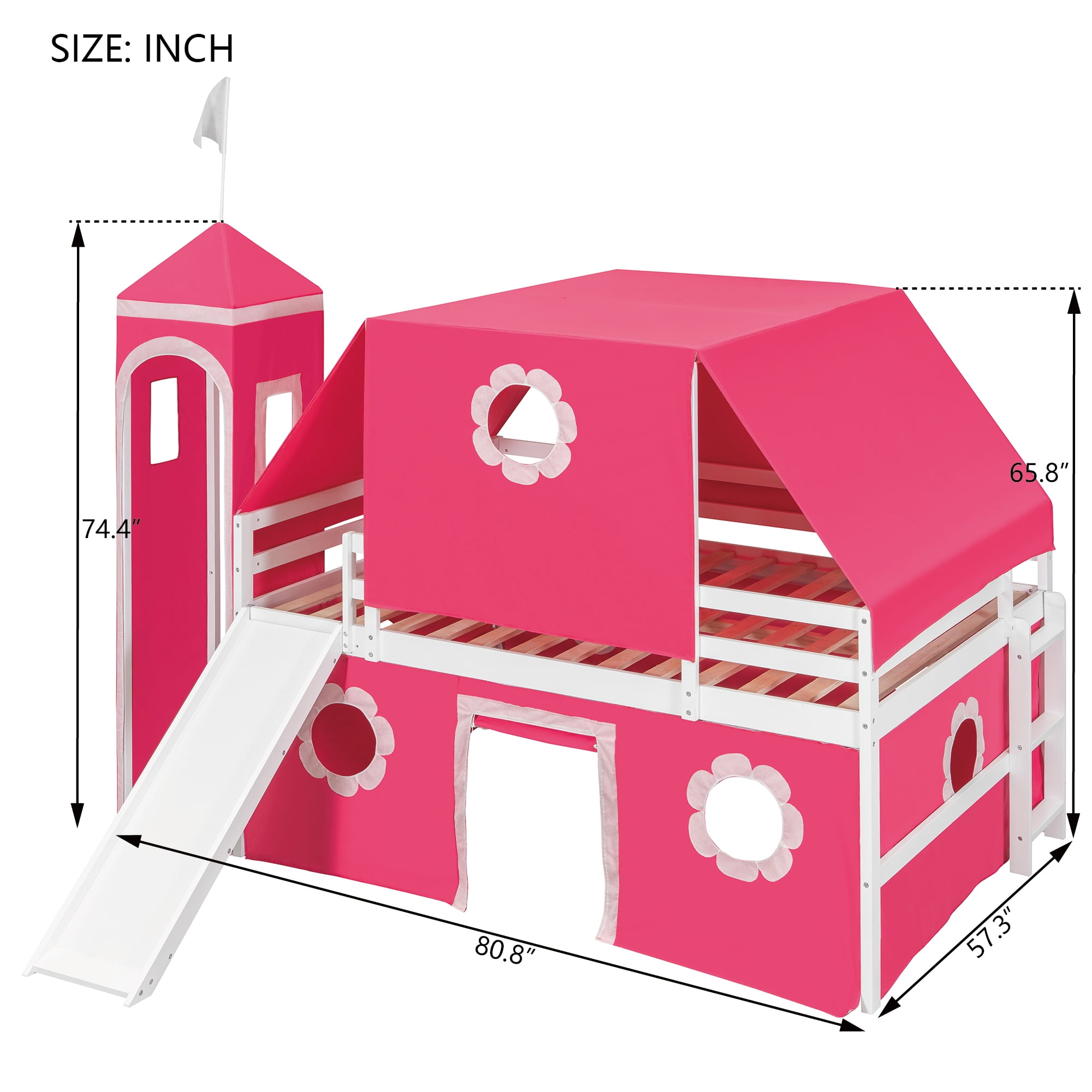 Aukfa Full Size Loft Bed with Slide - Princess Castle Bed with Tent and Tower for Kids Girls - Pink
