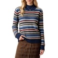 thumbnail image 3 of Women Turtleneck Sweater Long Sleeve Striped Knit Pullover Relaxed Ribbed Cuff Hem Casual Warm Tops for Fall Winter Daily Office Wear Navy One Size, 3 of 4