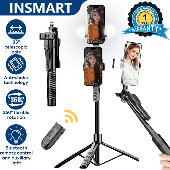 INSMART 85" Selfie Stick, Retractable Selfie Stick Tripod with Bluetooth Remote, 3 Level Fill Light, Phone Tripod for Android/iOS