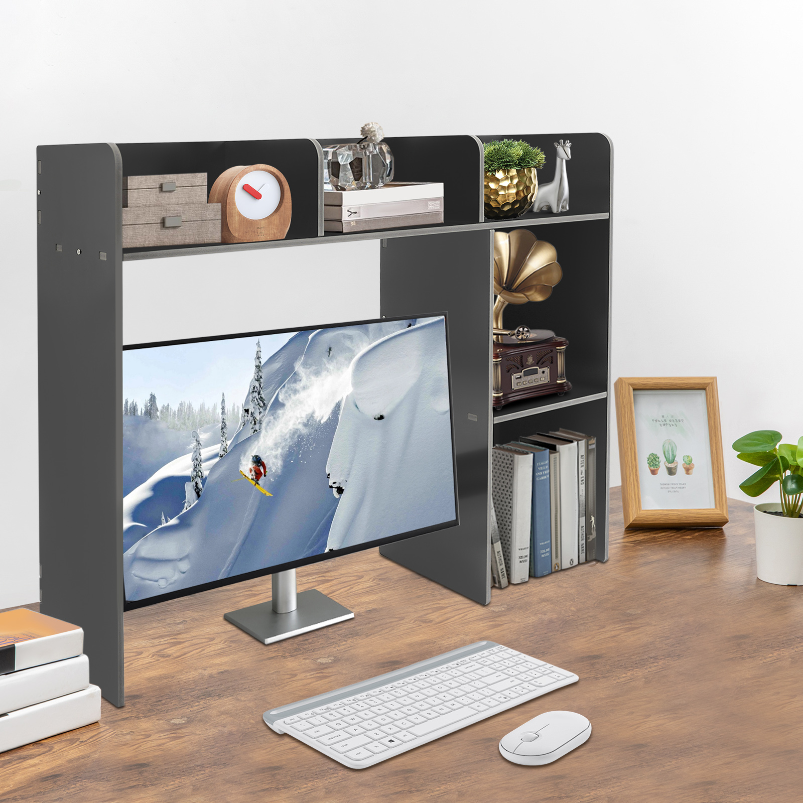Modern Desktop Storage Organizer, Desktop Bookshelf Holder Computer Rack Desk Organizer (Black)