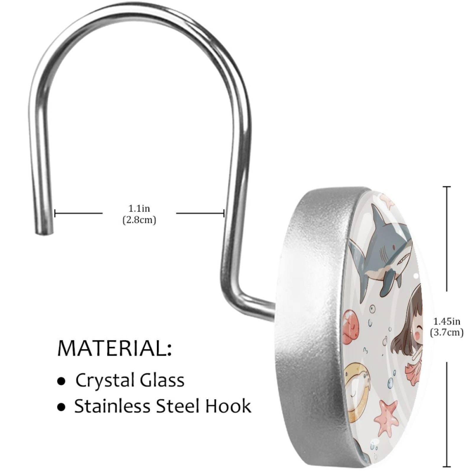 Cartoon Shark Starfish Girl Shower Curtain Hooks Round Crystal Glass, Set of 12 Shower Curtain Rings - Shower Hooks for Curtain Shower Rings