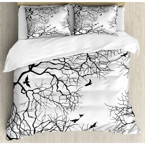 Nature Duvet Cover Set, Birds Flying over Twiggy Tree Branches Autumn Season Sky View Artwork Print, Decorative 3 Piece Bedding Set with 2 Pillow Shams, Queen Size, Black Print, by Ambesonne