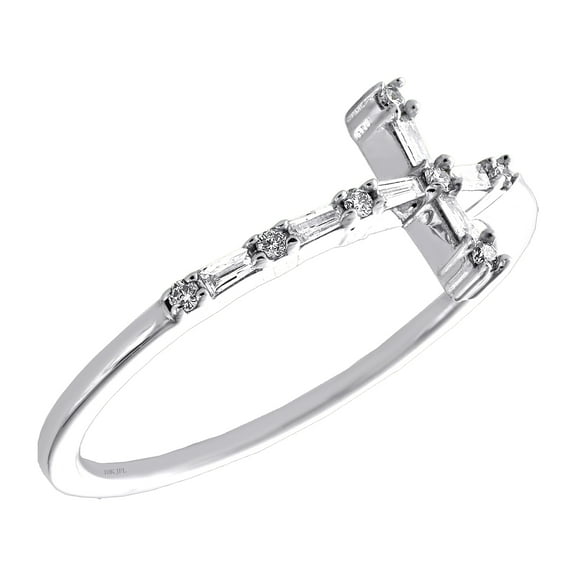 10K White Gold Round & Baguette Diamond Sideways Cross Cocktail Ring 0.12 Ct.