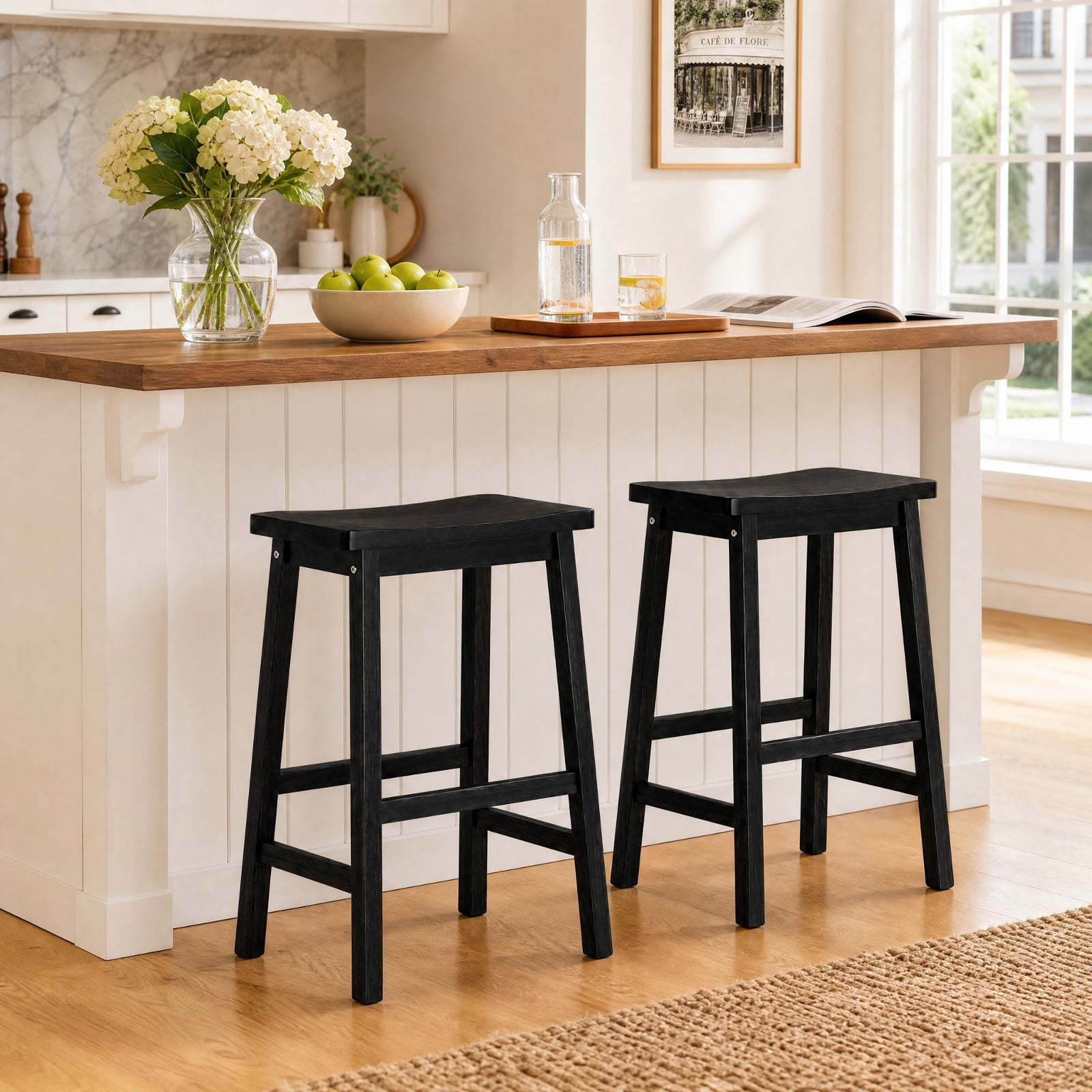 Furnibear Set of 2 Saddle-Seat Counter Height Stools with Curved Seat and Footrests for Kitchen Island Counter Bar Pub Dining Home, Black