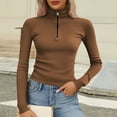 thumbnail image 4 of Lenpel Long Sleeve Shirts for Women Plus Size Turtleneck Half Zip Ribbed Knit Slim Crop Tops Fall Winter Clothes(Brown,XX-Large), 4 of 5