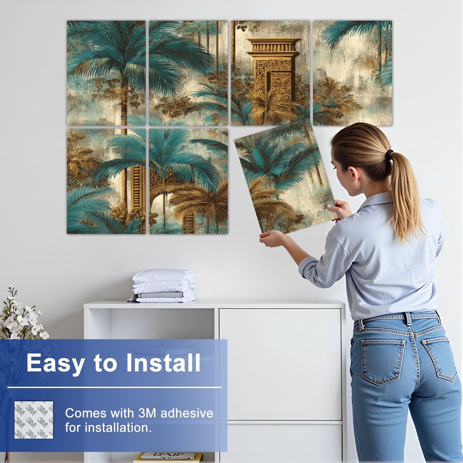 8 Pack Art Acoustic Panels Sound Absorbing Vintage Tropical Palm Trees Decorative Soundproof Wall Panels Self Adhesive for Nursery Game Room Bedroom 48"x32"