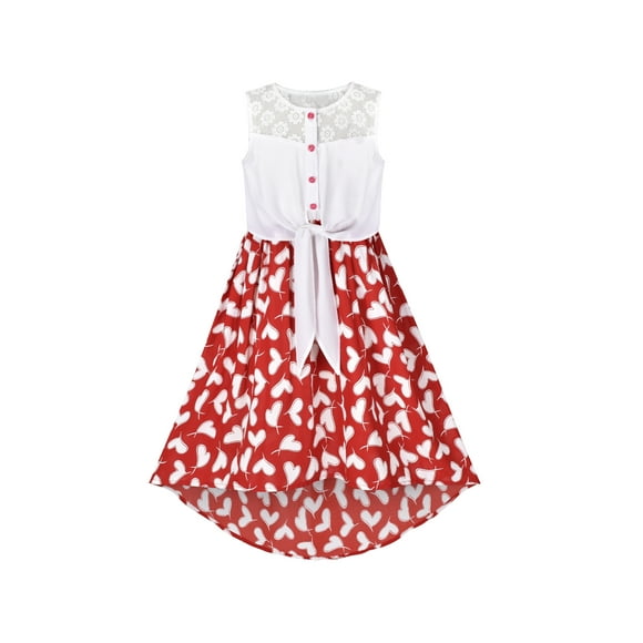 Girls Dress Chiffon Heart Lace High-Low Tie Waist Party Summer 14 Years