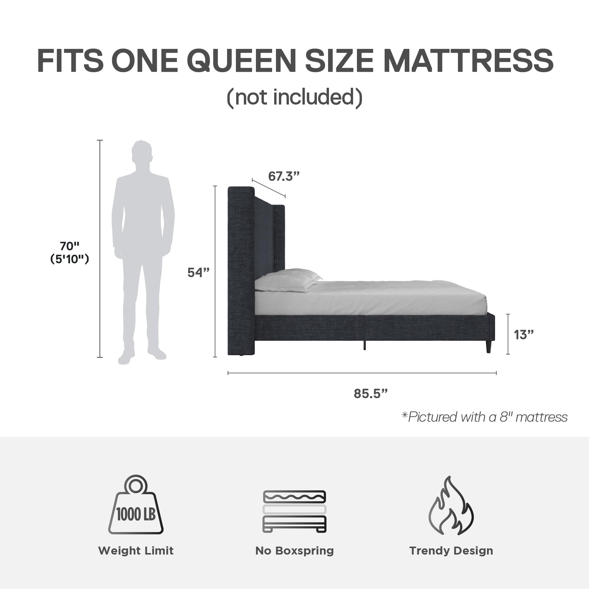 DHP Eveline Upholstered Platform Bed Frame with High Wingback Headboard, Queen, Textured Dark Blue Canvas