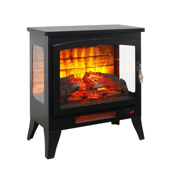 Atumcto 21-Inch Three-Sided Freestanding Electric Fireplace Stove Heater with 3D Realistic Flame Effect and Remote Control, Antique Black