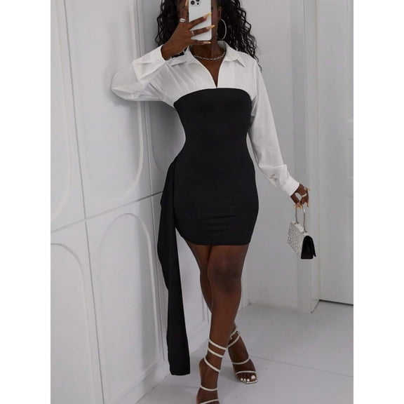 Black And White Patchwork Shirt Dress For Women Long Sleeve Bodycon Ruched Mini Dress Club Wear