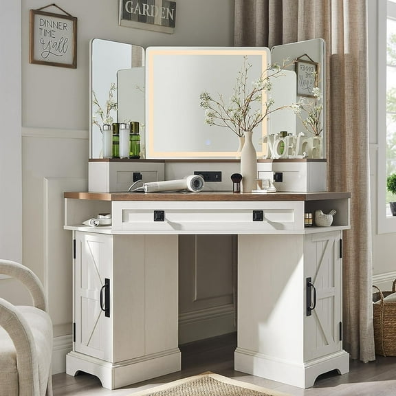 OKD 48" Corner Vanity Desk with Lighted Mirror & Charging Station, Farmhouse Makeup Vanity Table with Glass Top, 3 Drawers & 2 Cabinets, Antique White
