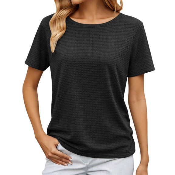 Tops for Women Knit Short Sleeve Fashion Basic Round Neck Breathable Petite Tops for Women,Black,L
