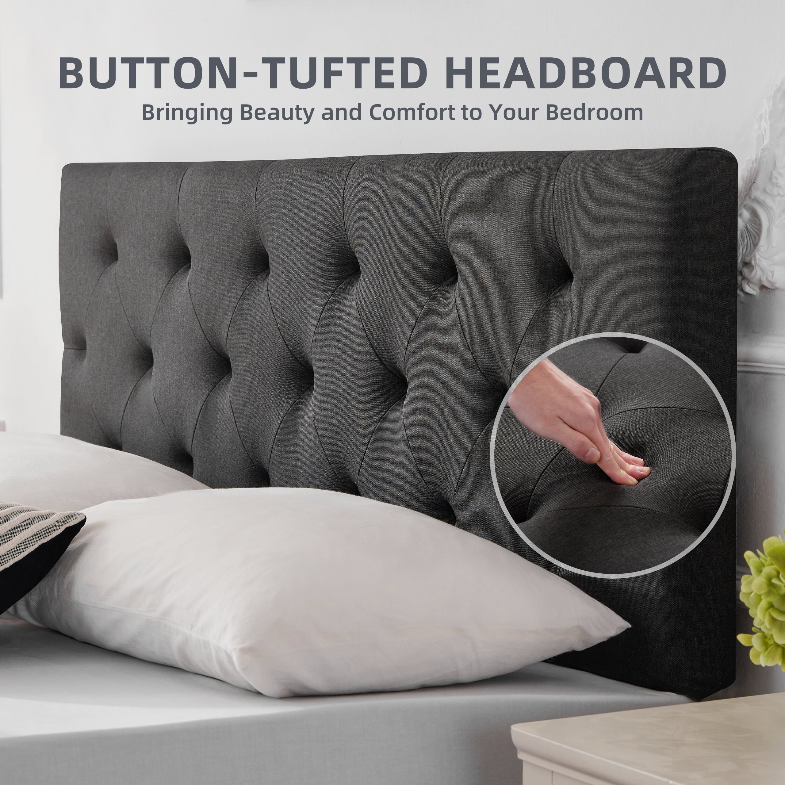 Weture Linen Upholstered King Size Headboard, Modern Panel, Dark Grey