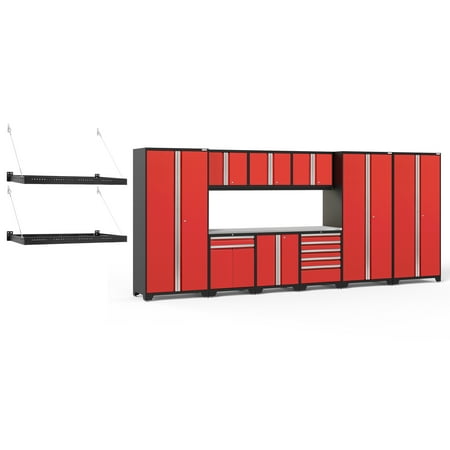 

NewAge Products Pro Series Red 12 Piece Cabinet Set Heavy Duty 18-Gauge Steel Garage Storage System LED Lights / Wall Mounted Shelf Included