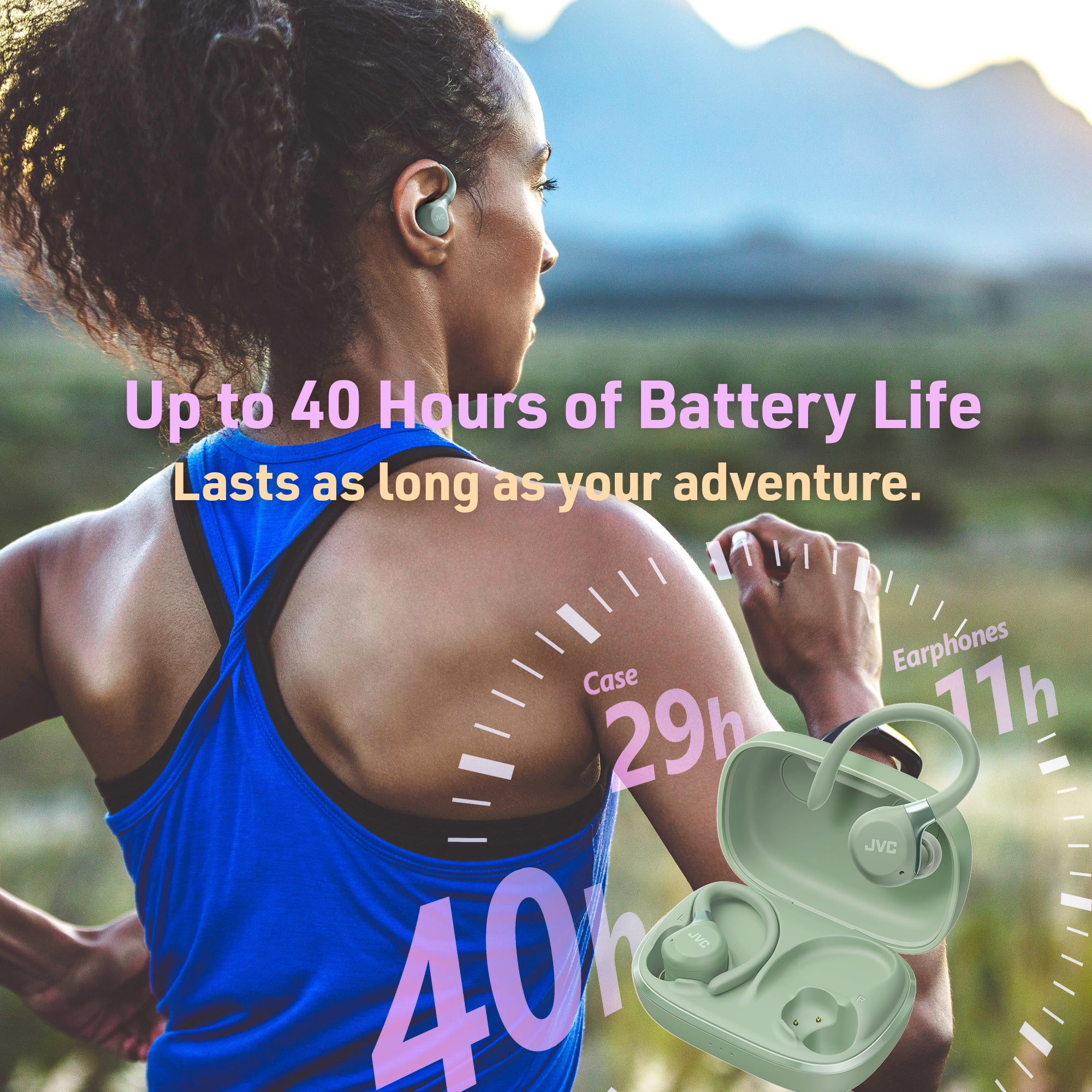 JVC Fitness Series True Wireless Sport Earbuds with Adjustable Hooks, Active Noise Cancelling, Ambient Sound Mode, IP57 Waterproof, 40hr Long Battery Life, App EQ, Low Latency, Mic