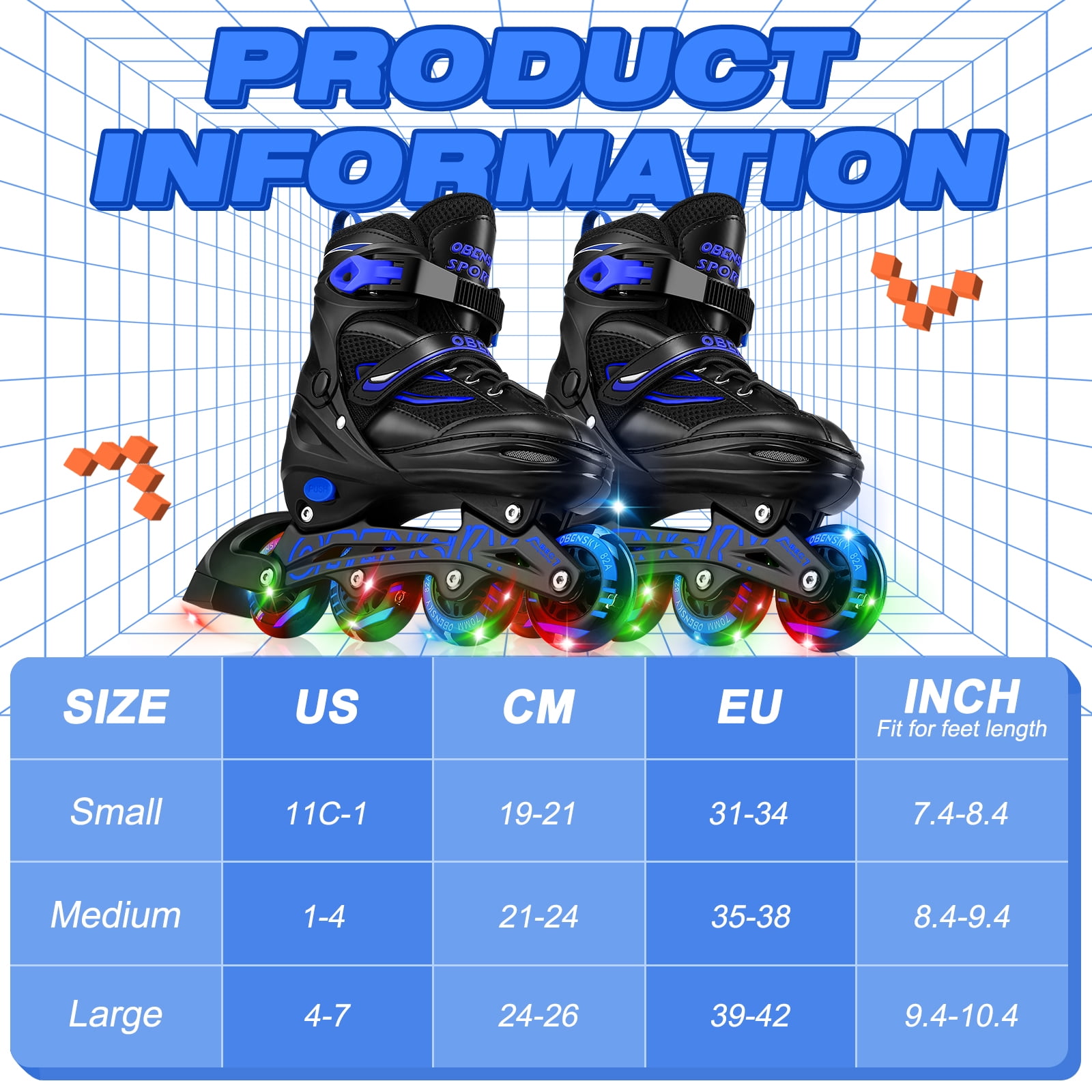 (2 pack) OBENSKY Adjustable Inline Skates, Illuminating Roller Blades for Kids,Girls&Boys Beginner w/ Light up Wheels-Blue