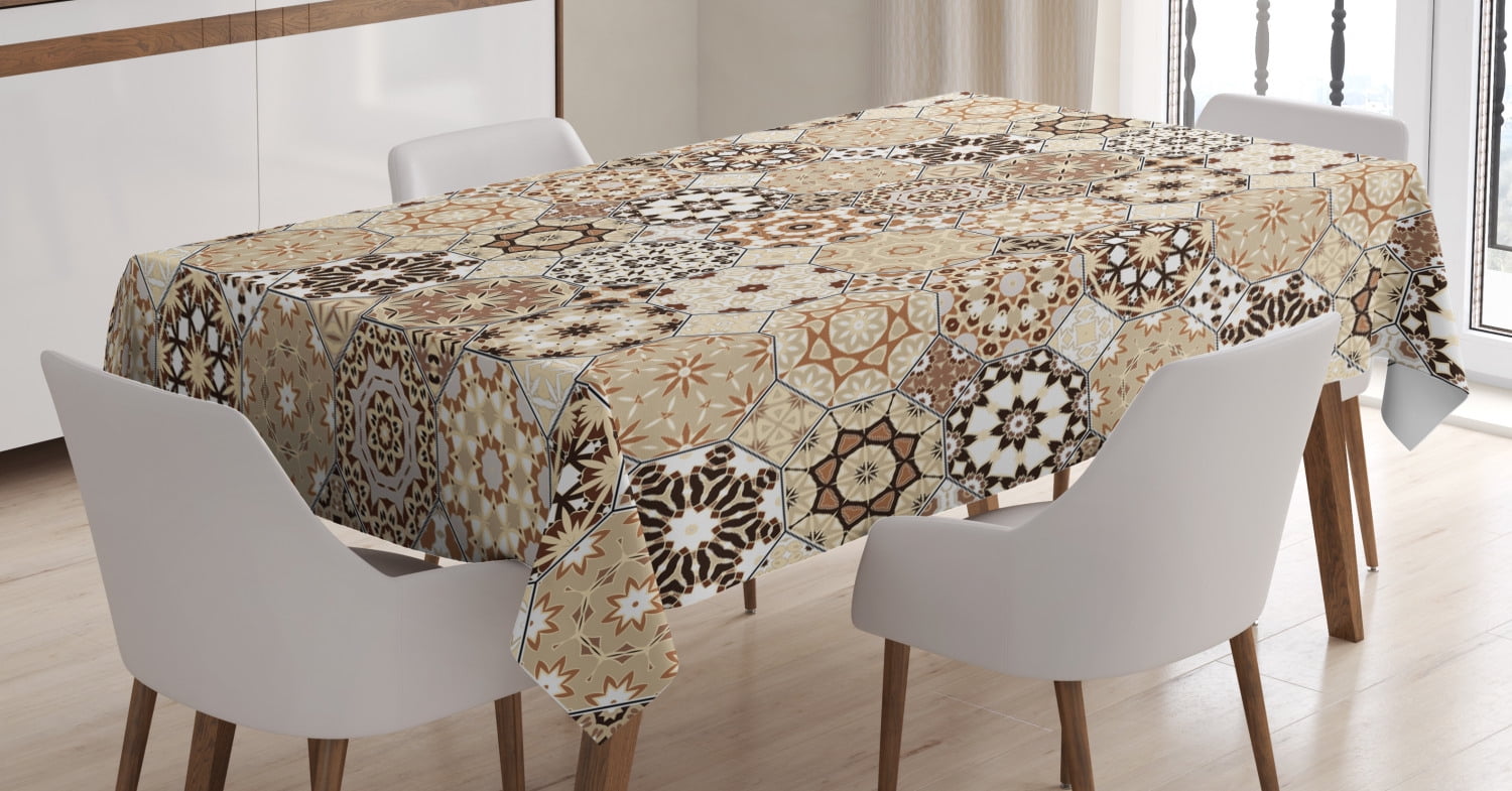 Eastern Tablecloth, Octagonal and Square Ornaments Retro Colored Old Fashioned Tile, Rectangular