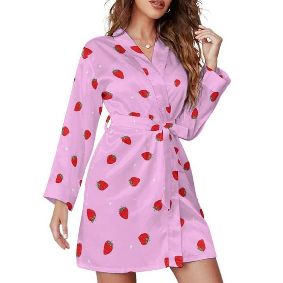 Red Strawberry Love Pattern Polka Dots Night Robe Long Sleeve V Neck Robe With Belt Women's Sleepwear Dresses