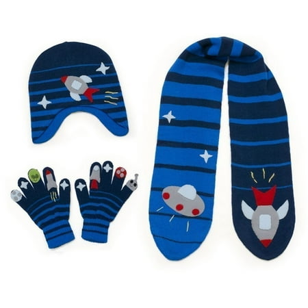- Boys White Space Hat Scarf Gloves Handmade Winter Set