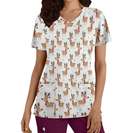 

Scrub Tops Women Christmas Reindeer Elk Print Short Sleeve Nursing Working Uniform Blouse Comfy Scrub Top with Pockets