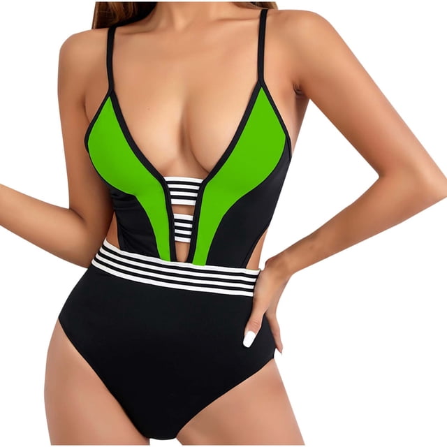 Dvprdro Trendy Color Blocking One Piece Swimsuit Spaghetti Strap Deep V Neck Patchwork Bathing Suits