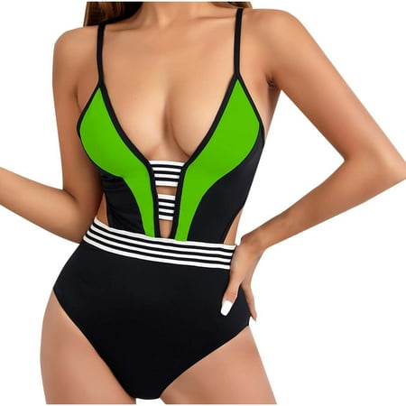 Virmaxy Women s Striped Printed One-piece Swimsuit Sexy Backless Strappy Tankini Camisole Waist Cinching Swimwear With Bra Padded for Pool Party Vacation Green-3 L